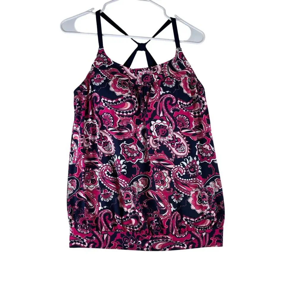Lands End Tankini Swimsuit Top Women’s 8 Long Tall Pink Paisley Navy Blue Surf